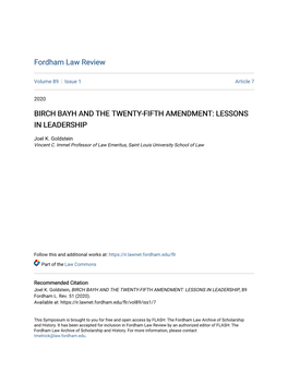 Birch Bayh and the Twenty-Fifth Amendment: Lessons in Leadership