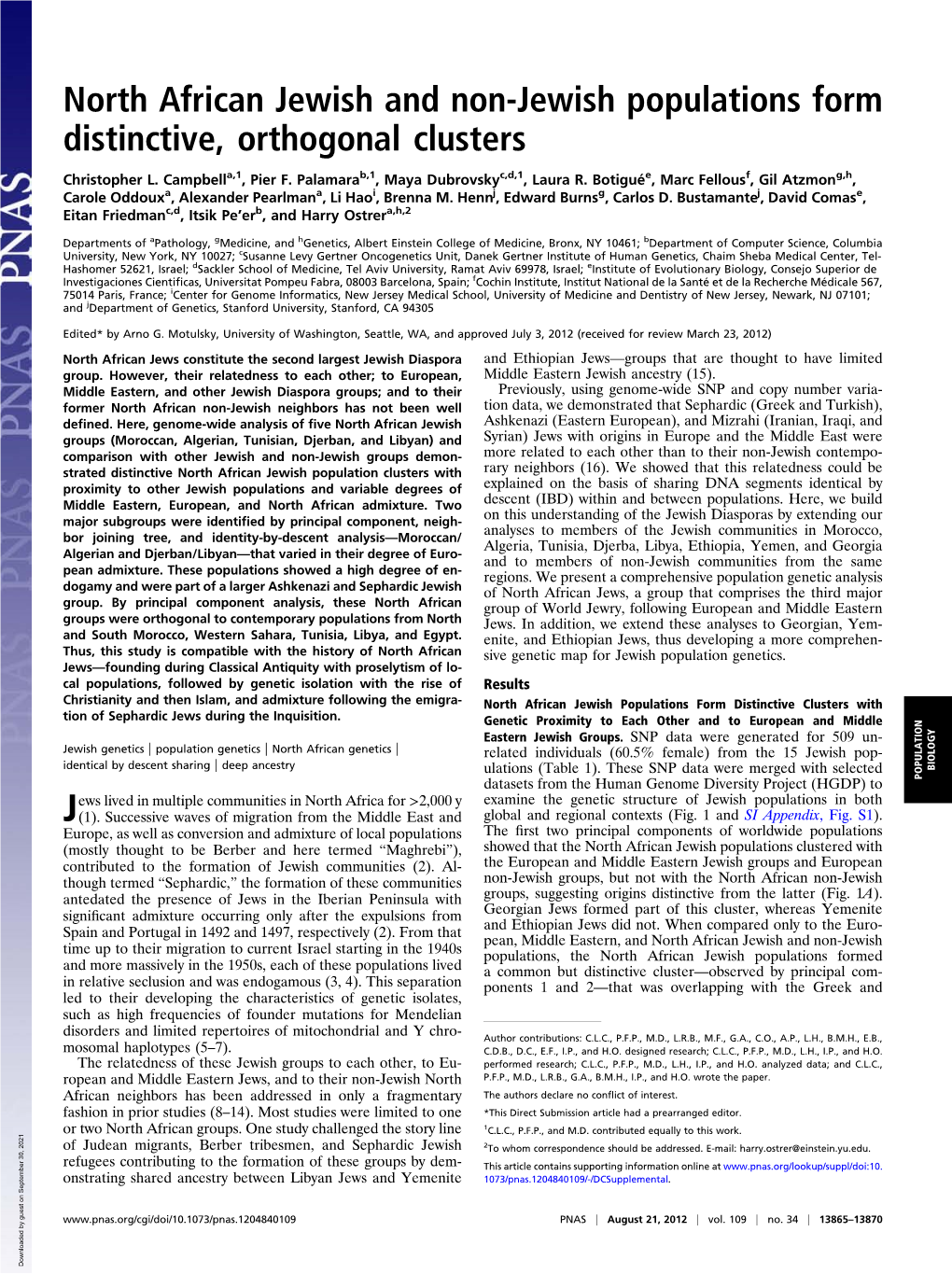 North African Jewish and Non-Jewish Populations Form Distinctive, Orthogonal Clusters