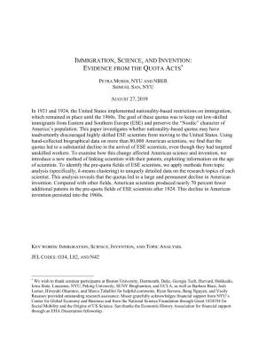 Immigration, Science, and Invention: Evidence from the Quota Acts*