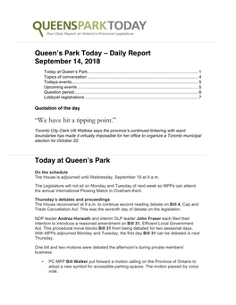 Queen's Park Today – Daily Report September 14, 2018