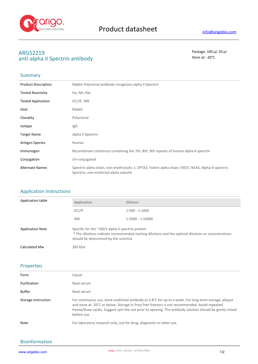 Anti-Alpha II Spectrin Antibody (ARG52219)