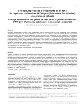 Ecologia, Reprodução E Crescimento Da Concha De Leptinaria Unilamellata