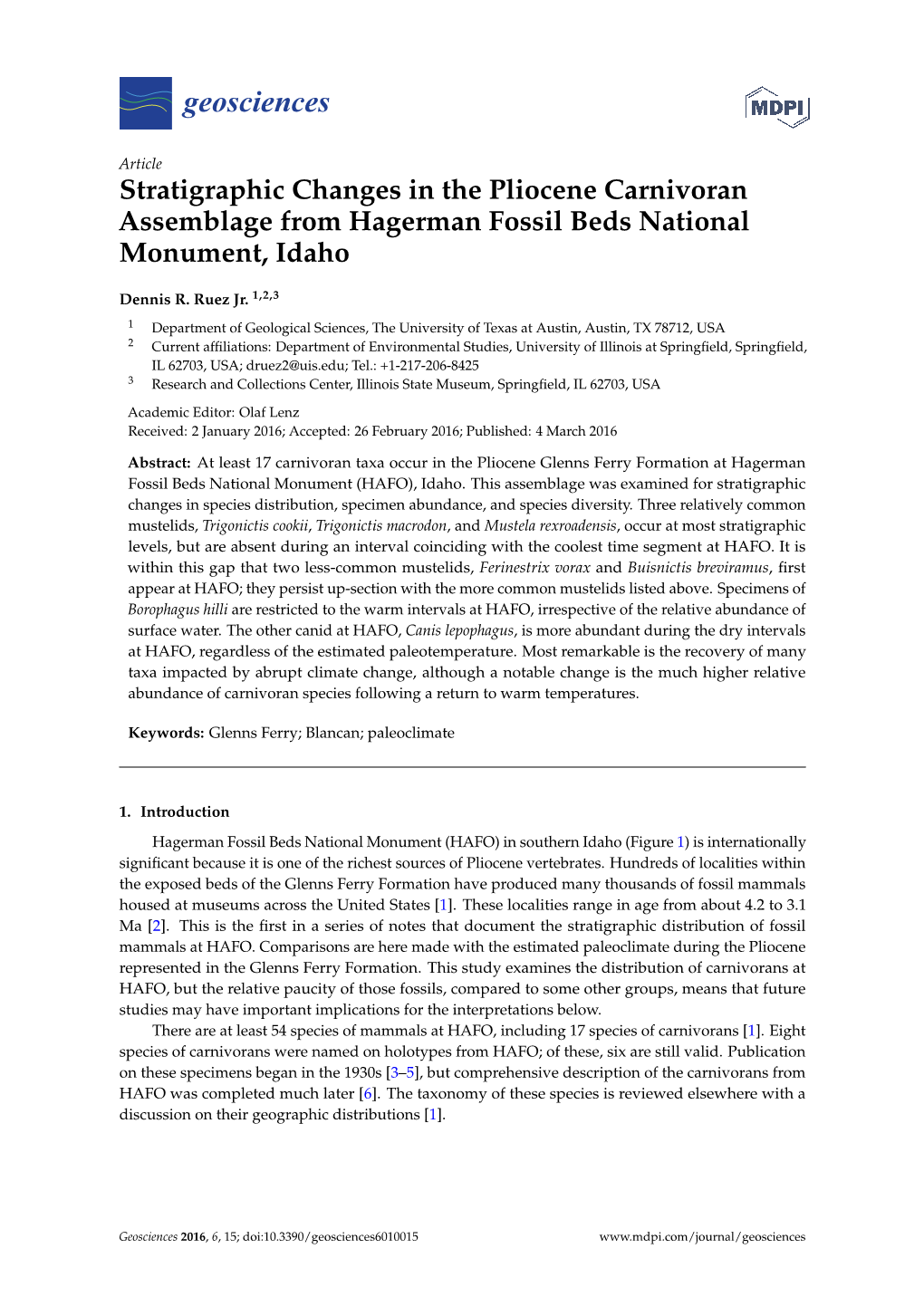 Stratigraphic Changes in the Pliocene Carnivoran Assemblage from Hagerman Fossil Beds National Monument, Idaho