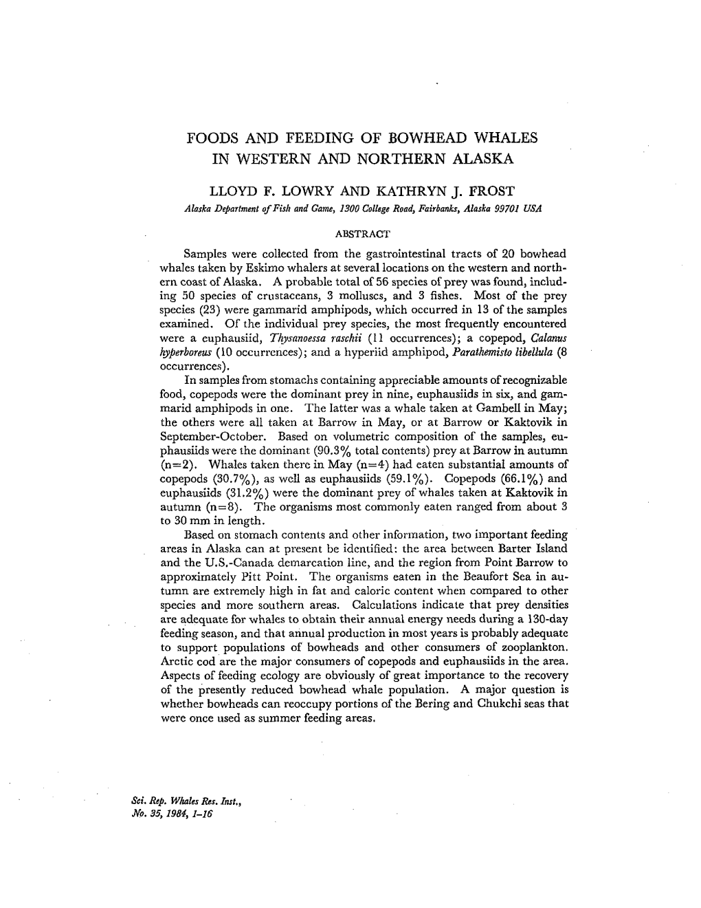 Foods and Feeding of Bowhead Whales in Western and Northern Alaska