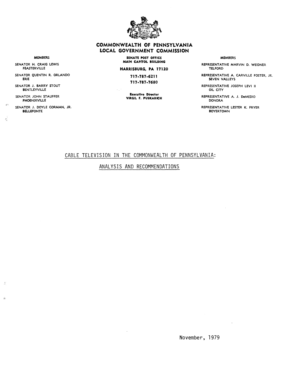 Cable Television in the Commonwealth of Pennsylvania Analysis and Recommendations, November 1979