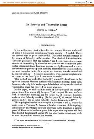 On Schottky and Teichmiiller Spaces It Is a Well-Known Classical Fact That