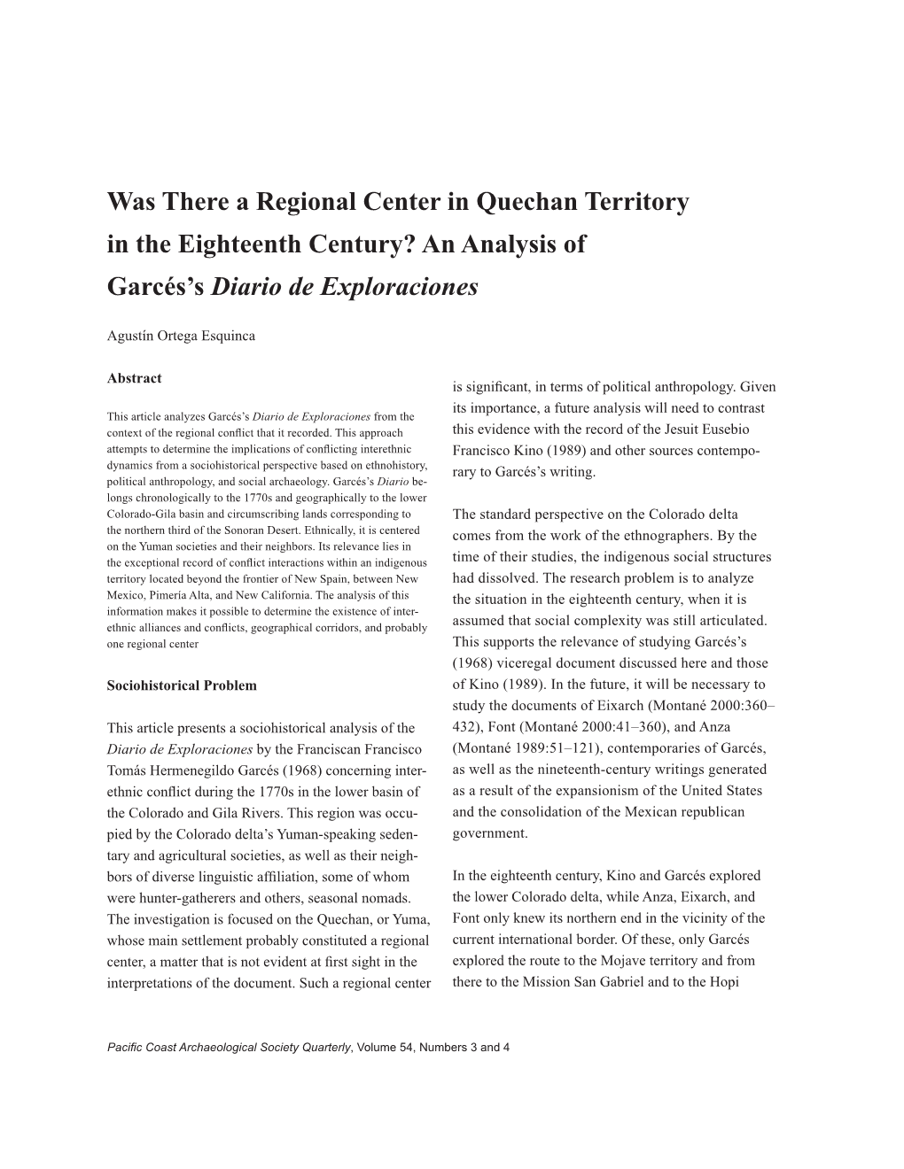 Was There a Regional Center in Quechan Territory in the Eighteenth Century? an Analysis of Garcés’S Diario De Exploraciones