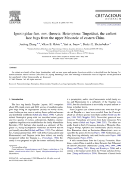 Ignotingidae Fam. Nov. (Insecta: Heteroptera: Tingoidea), the Earliest Lace Bugs from the Upper Mesozoic of Eastern China