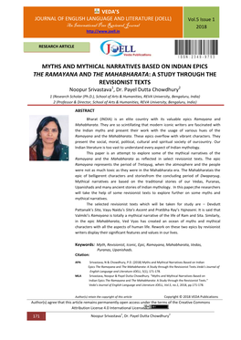 MYTHS and MYTHICAL NARRATIVES BASED on INDIAN EPICS the RAMAYANA and the MAHABHARATA: a STUDY THROUGH the REVISIONIST TEXTS Noopur Srivastava1, Dr