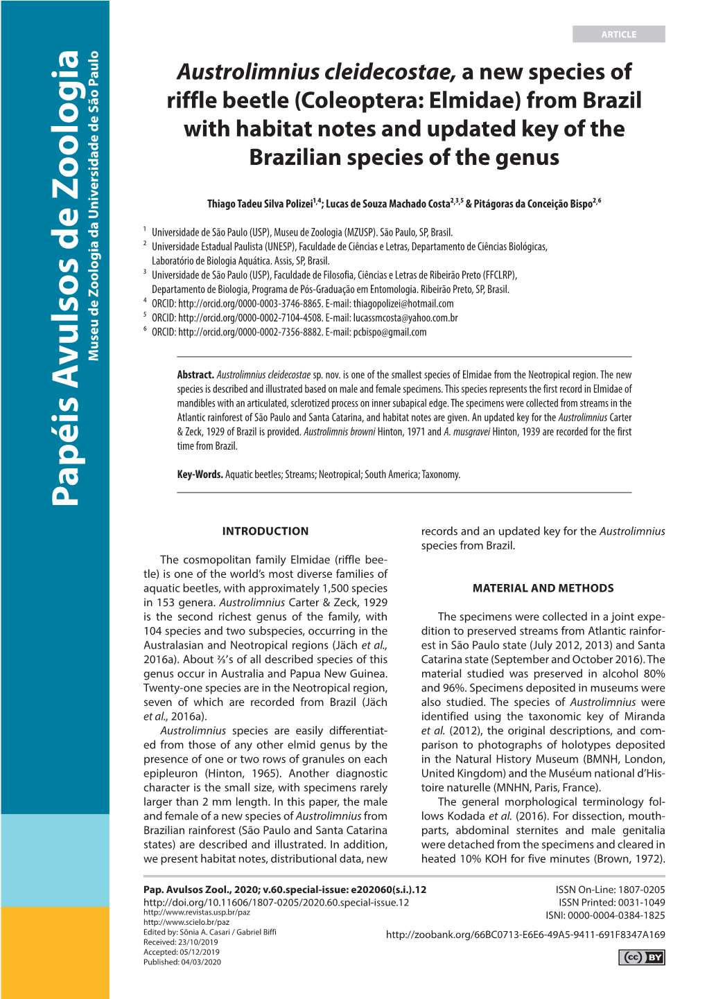 Austrolimnius Cleidecostae, a New Species of Riffle Beetle (Coleoptera: Elmidae) from Brazil with Habitat Notes and Updated Key of the Brazilian Species of the Genus