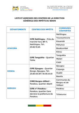 Liste Et Adresses Des Centres De La Direction Générale Des Impôts Du Benin