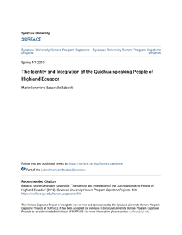 The Identity and Integration of the Quichua-Speaking People of Highland Ecuador