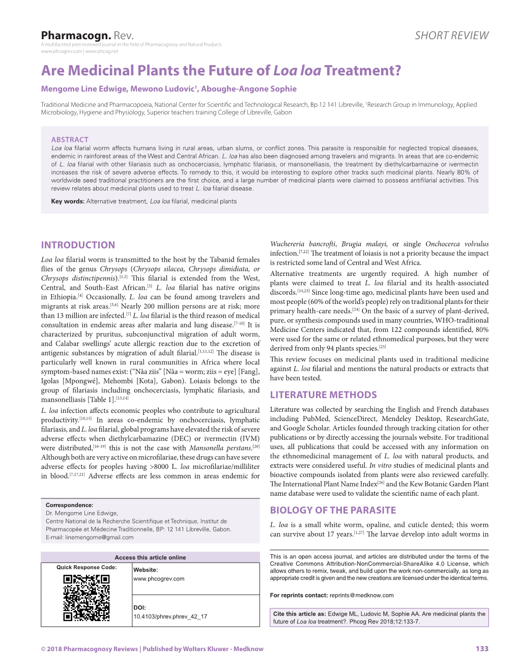 Are Medicinal Plants the Future of Loa Loa Treatment? Mengome Line Edwige, Mewono Ludovic1, Aboughe-Angone Sophie