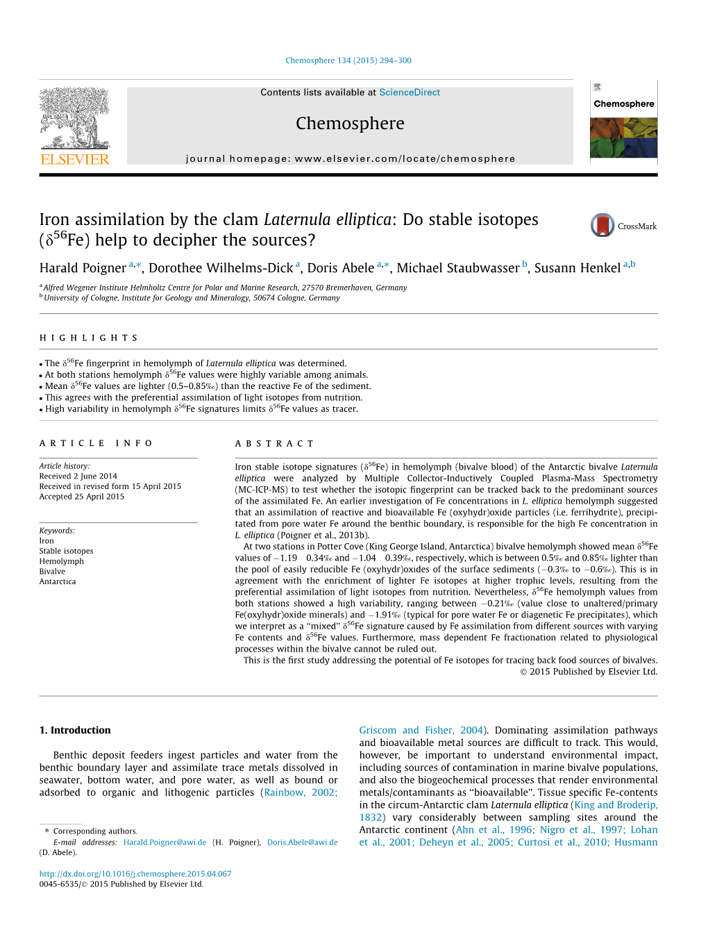 Iron Assimilation by the Clam Laternula Elliptica: Do Stable Isotopes