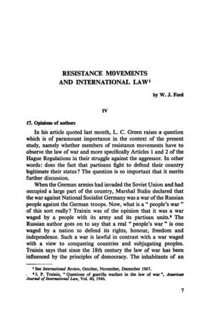 RESISTANCE MOVEMENTS and INTERNATIONAL LAW1 by W