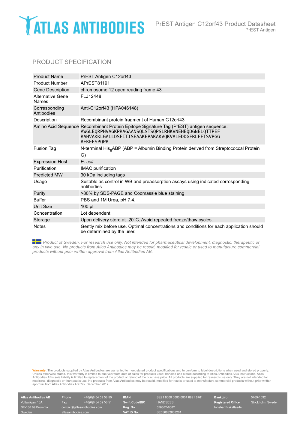 PRODUCT SPECIFICATION Prest Antigen C12orf43 Product Datasheet