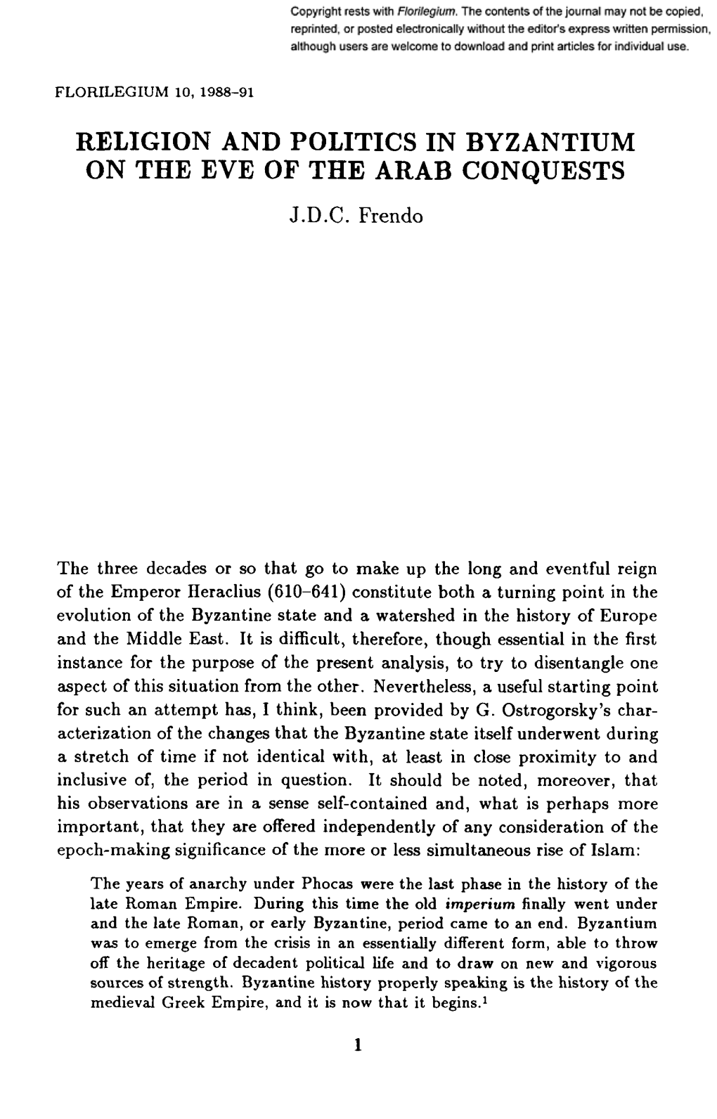 Religion and Politics in Byzantium on the Eve of the Arab Conquests