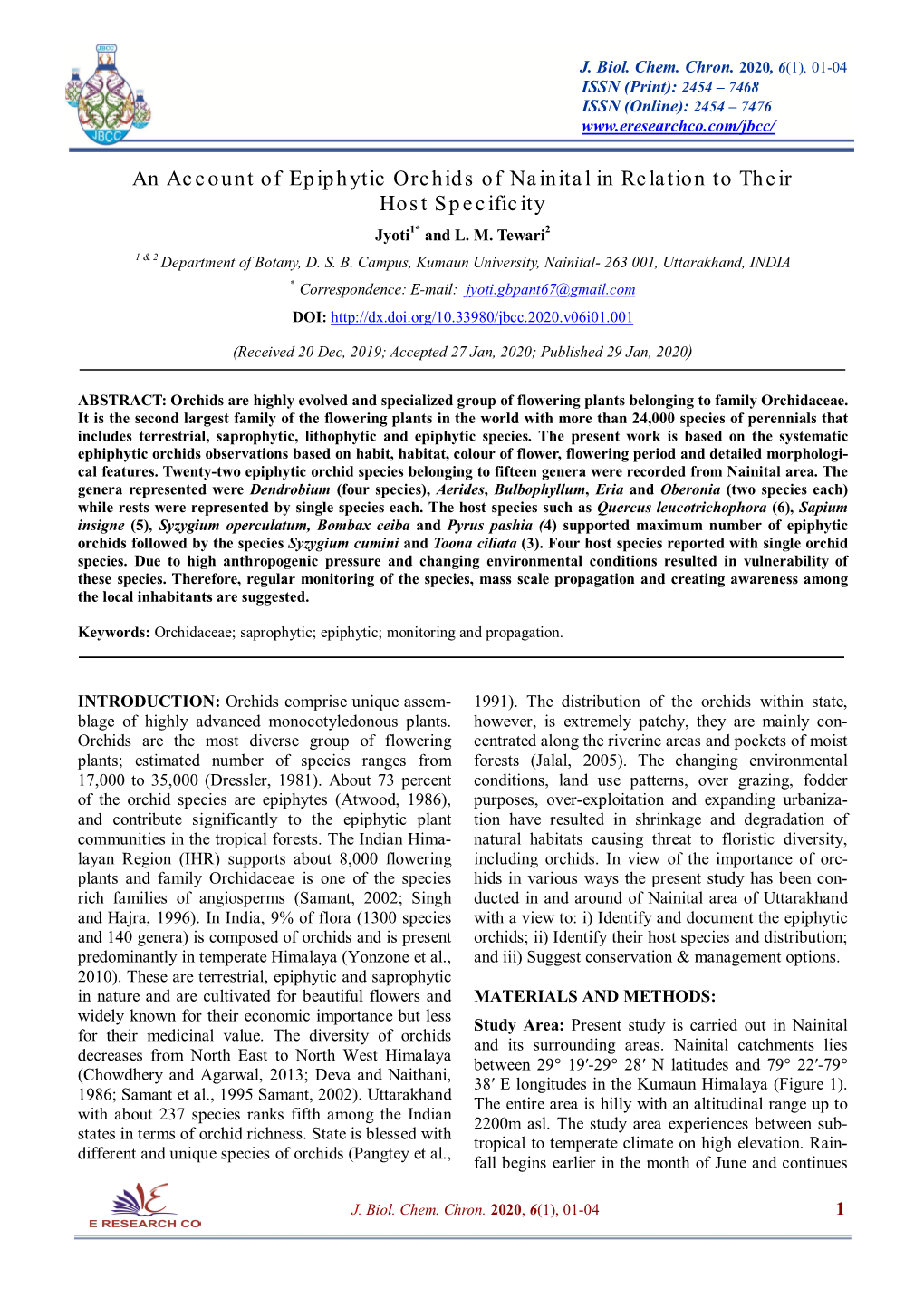 An Account of Epiphytic Orchids of Nainital in Relation to Their Host Specificity