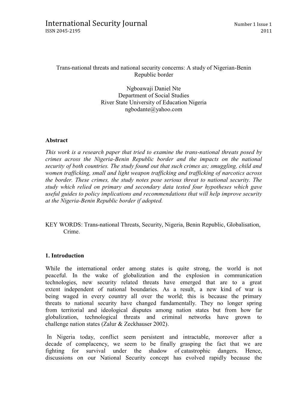 Trans-National Threats and National Security Concerns: a Study of Nigeria-Benin Republic Border