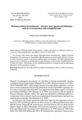 Melampsoridium Hiratsukanum – Invasive Rust Species in Lithuania, and Its Co-Occurrence with Eriophylid Mite