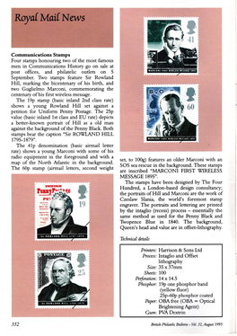 Communications Stamps Four Stamps Honouring Two of the Most Famous Men in Communications History Go on Sale at Post Offices, and Philatelic Outlets on 5 September