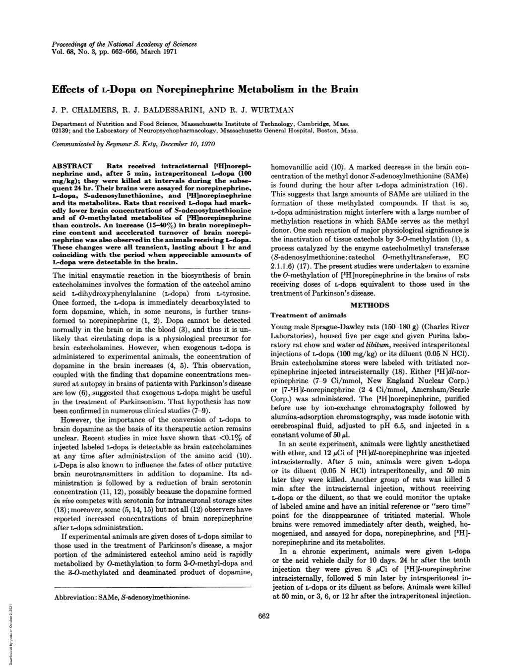 Effects of L-Dopa on Norepinephrine Metabolism in the Brain