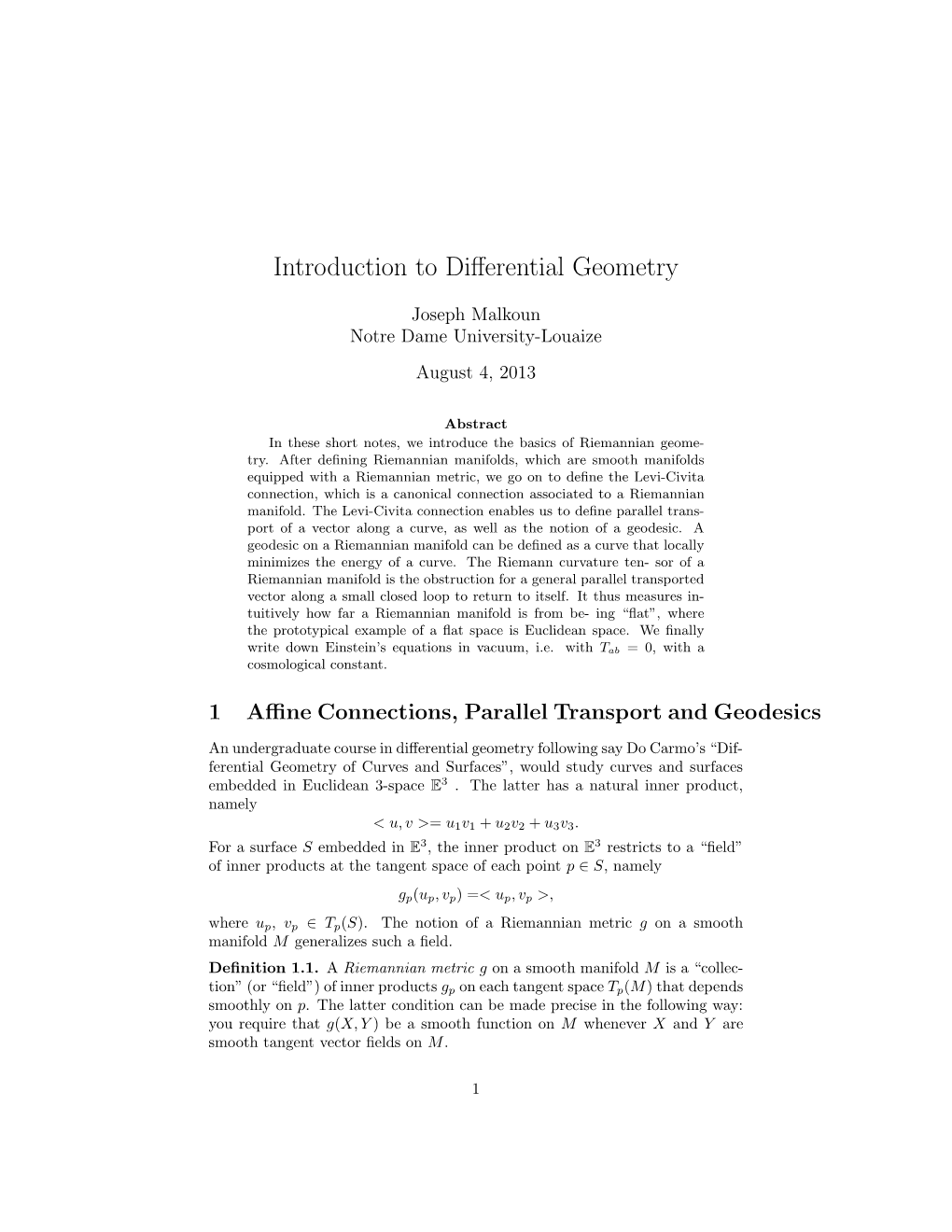 Introduction to Differential Geometry