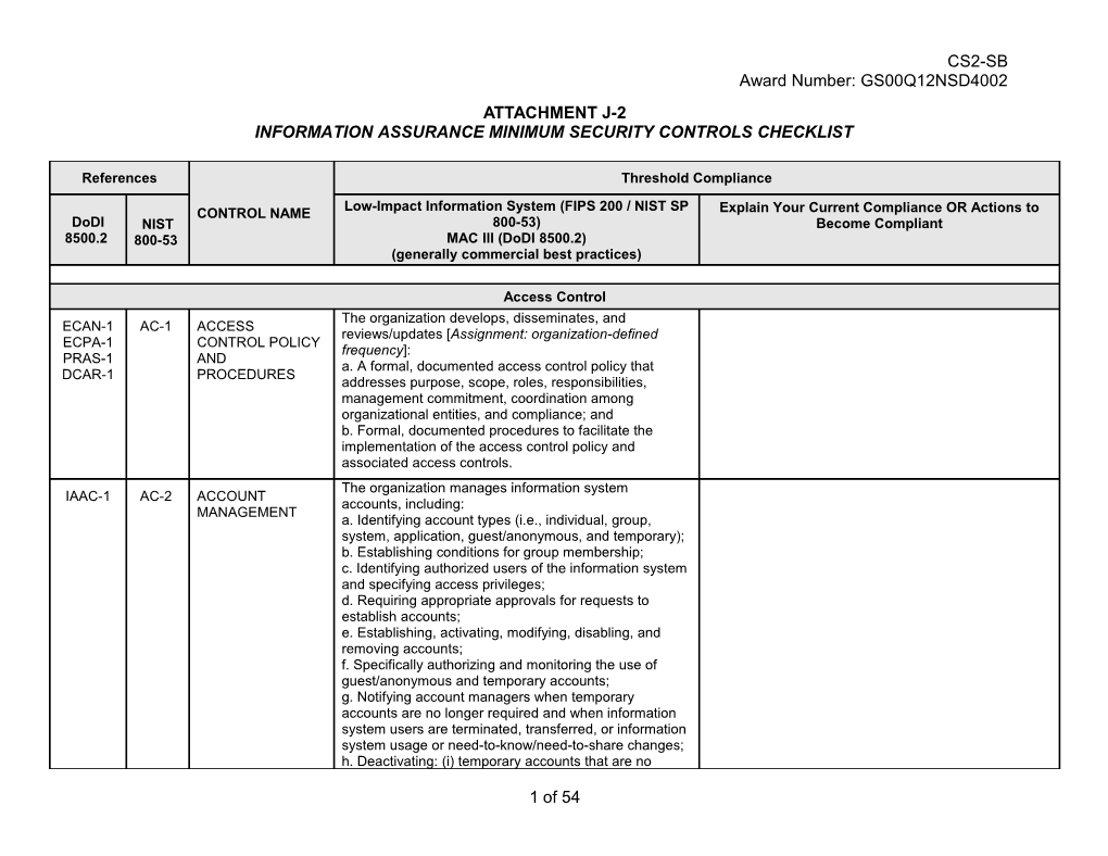 Information Assurance Minimum Security Controls Checklist