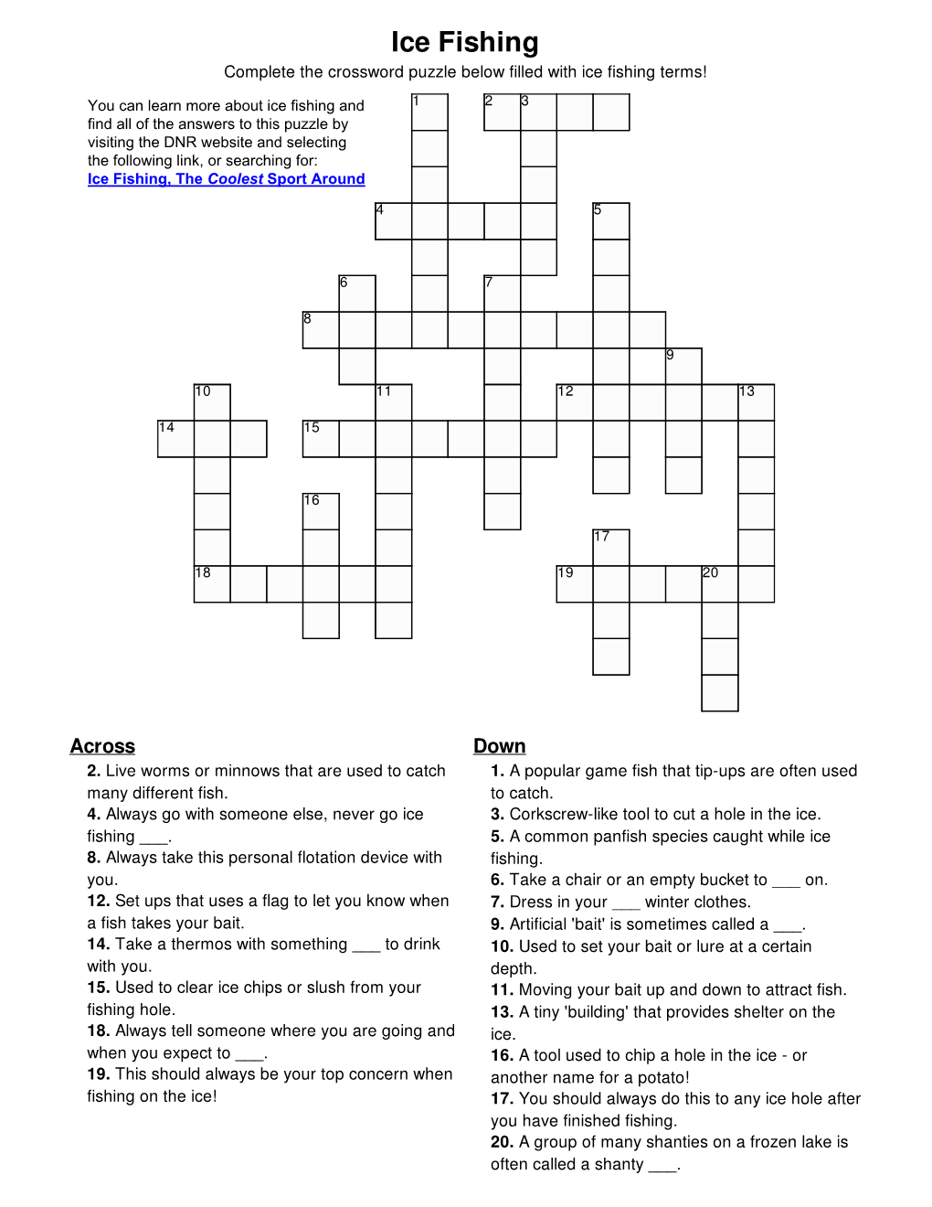 Ice Fishing Crossword Puzzle With