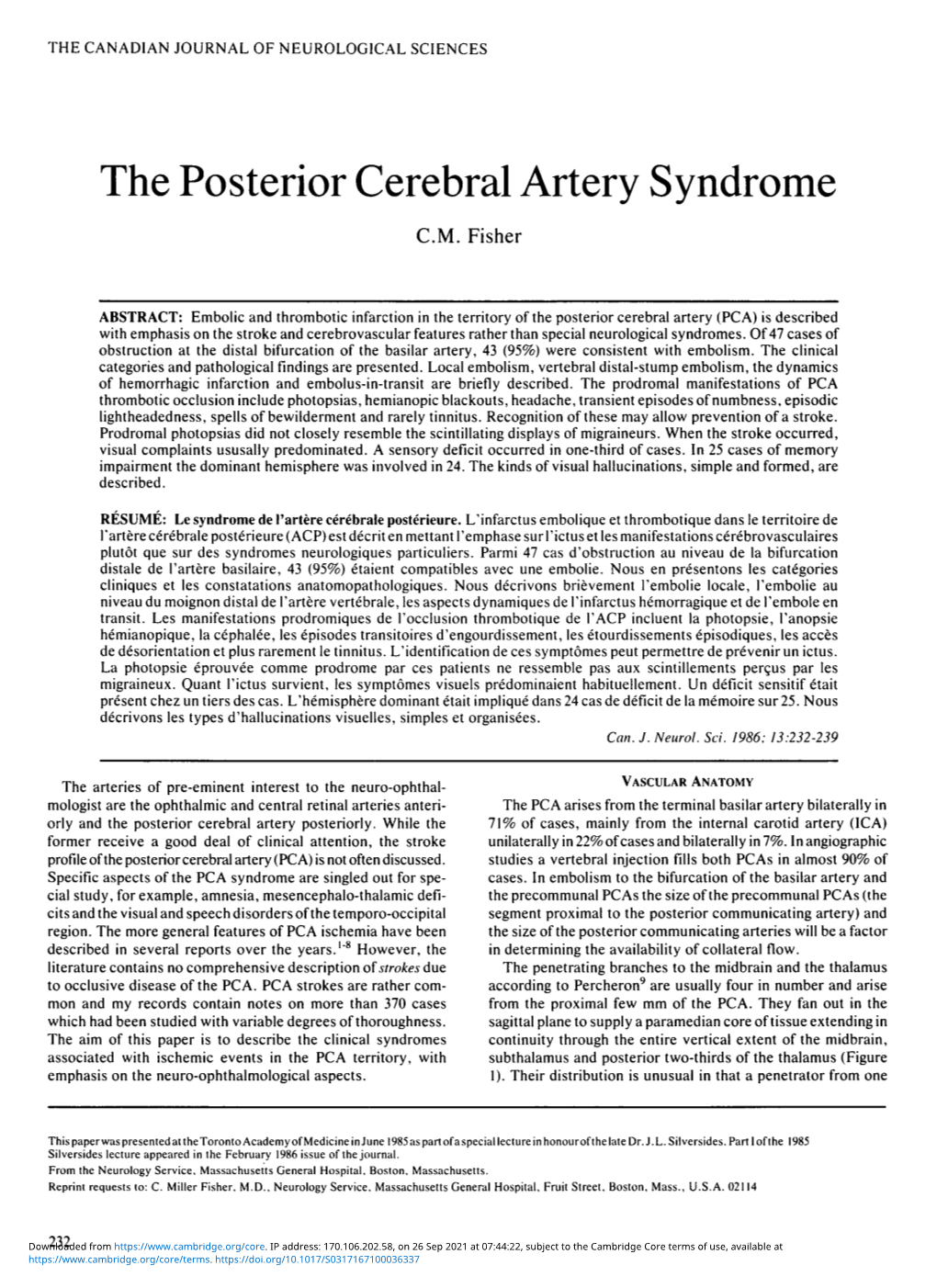 The Posterior Cerebral Artery Syndrome