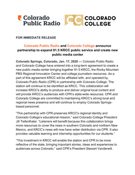 Colorado Public Radio and Colorado College Announce Partnership to Expand 91.5 KRCC Public Service and Create New Public Media Center