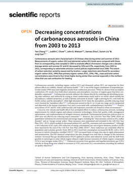 Decreasing Concentrations of Carbonaceous Aerosols in China from 2003 to 2013 Yan Cheng1,2*, Judith C