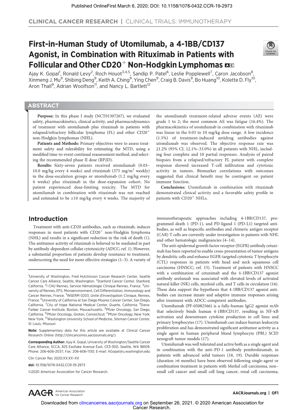 First-In-Human Study of Utomilumab, a 4-1BB/CD137 Agonist, in Combination with Rituximab in Patients with Þ Follicular and Other CD20 Non-Hodgkin Lymphomas a C Ajay K