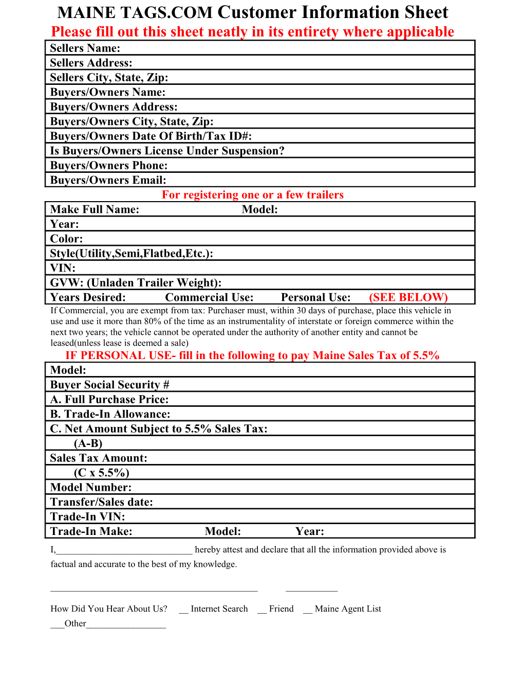 MAINE TAGS.COM Customer Information Sheet