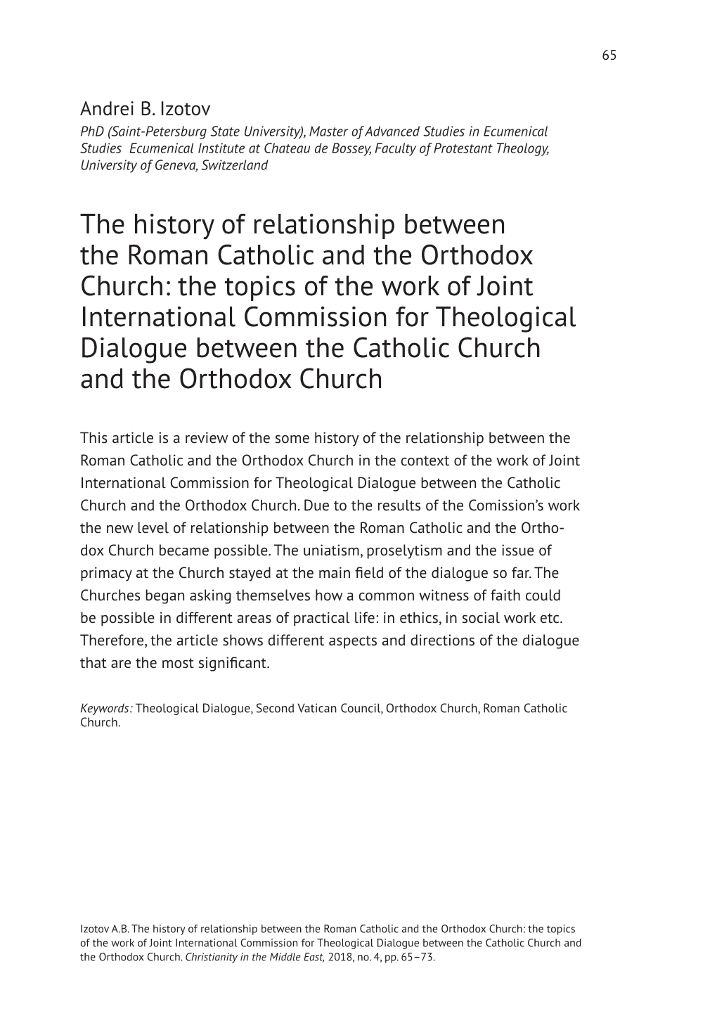 The History of Relationship Between the Roman Catholic and The