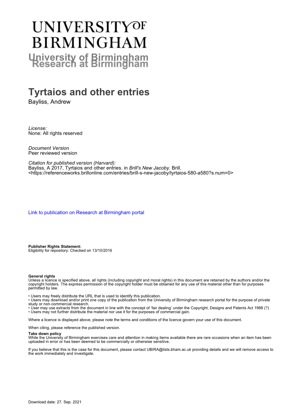 University of Birmingham Tyrtaios and Other Entries