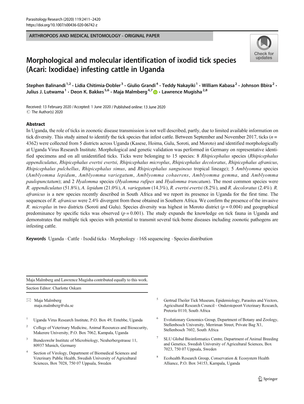 Morphological and Molecular Identification of Ixodid Tick Species (Acari: Ixodidae) Infesting Cattle in Uganda