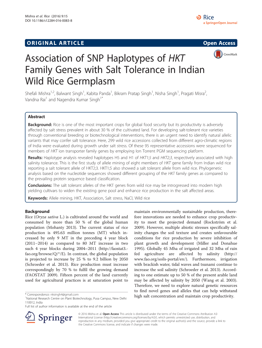 Association of SNP Haplotypes of HKT Family Genes with Salt Tolerance in Indian Wild Rice Germplasm