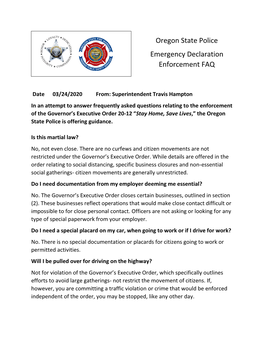 Oregon State Police Emergency Declaration Enforcement FAQ