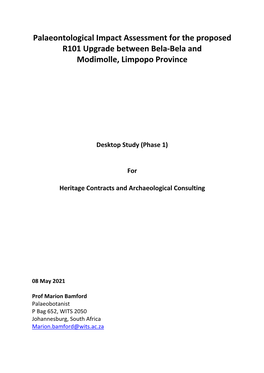 Palaeontological Impact Assessment for the Proposed R101 Upgrade Between Bela-Bela and Modimolle, Limpopo Province