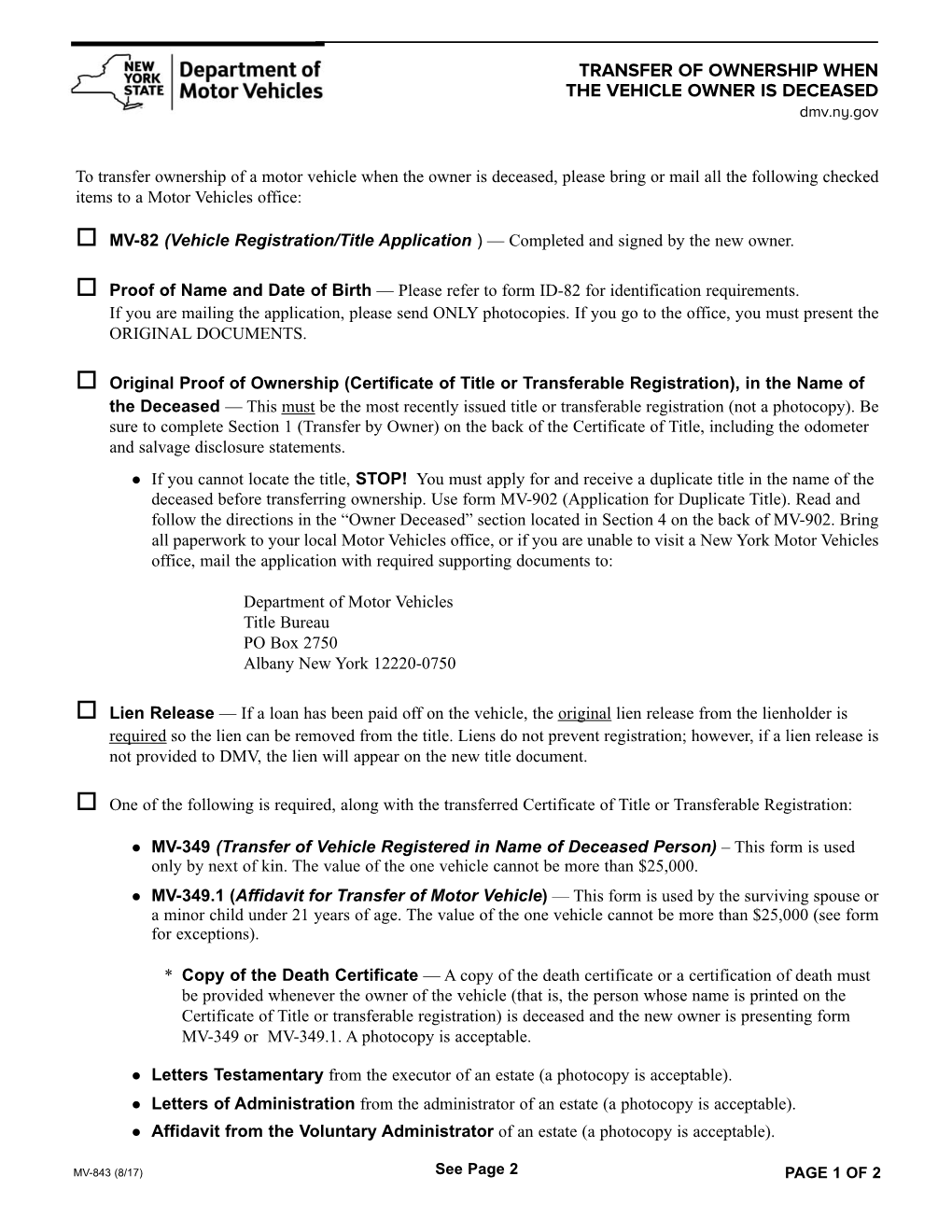 TRANSFER of OWNERSHIP WHEN the VEHICLE OWNER IS DECEASED Dmv.Ny.Gov