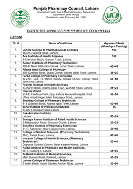 Lahore Specialized Health Care & Medical Education Department Government of the Punjab (Established Under Pharmacy Act, 1967)