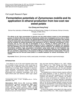 Fermentation Potentials of Zymomonas Mobilis and Its Application in Ethanol Production from Low-Cost Raw Sweet Potato