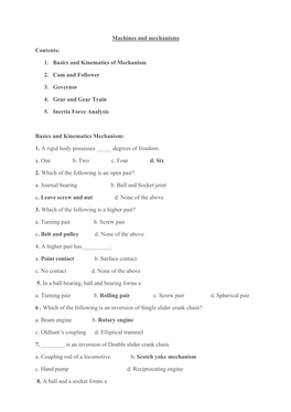 1. Basics and Kinematics of Mechanism 2. Cam and Follower 3