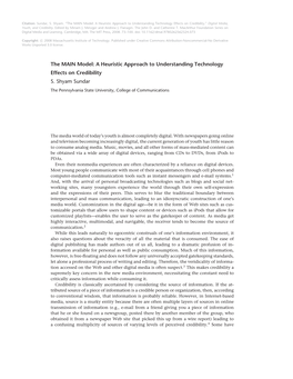 The MAIN Model: a Heuristic Approach to Understanding Technology Effects on Credibility." Digital Media, Youth, and Credibility.Edited by Miriam J