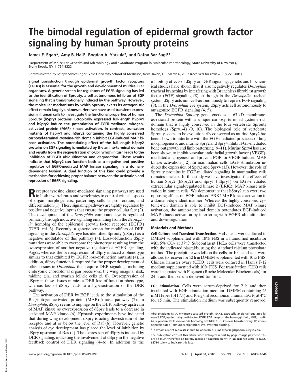 The Bimodal Regulation of Epidermal Growth Factor Signaling by Human Sprouty Proteins