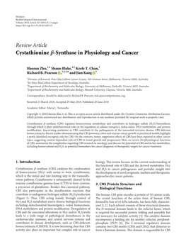 Review Article Cystathionine -Synthase in Physiology and Cancer