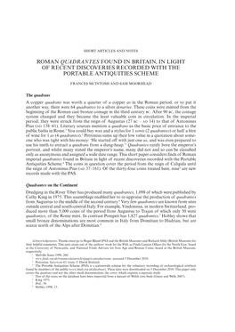 Roman Quadrantes Found in Britain, in Light of Recent Discoveries Recorded with the Portable Antiquities Scheme