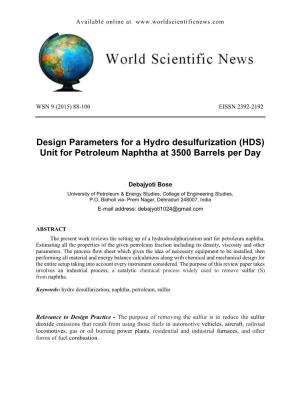 (HDS) Unit for Petroleum Naphtha at 3500 Barrels Per Day