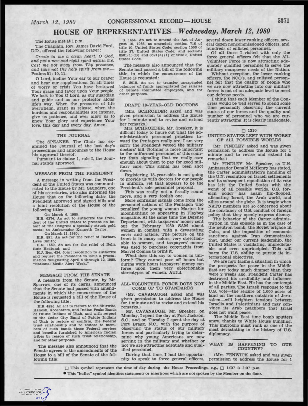 HOUSE of REPRESENTATIVES-Wednesday, March 12, 1980 the House Met at 1 P.M